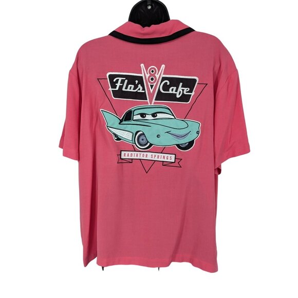 Pixar Cars Cropped Button Up Women Size 1X Flos V8 Cafe Bowling Embroidery Retro - Picture 1 of 10
